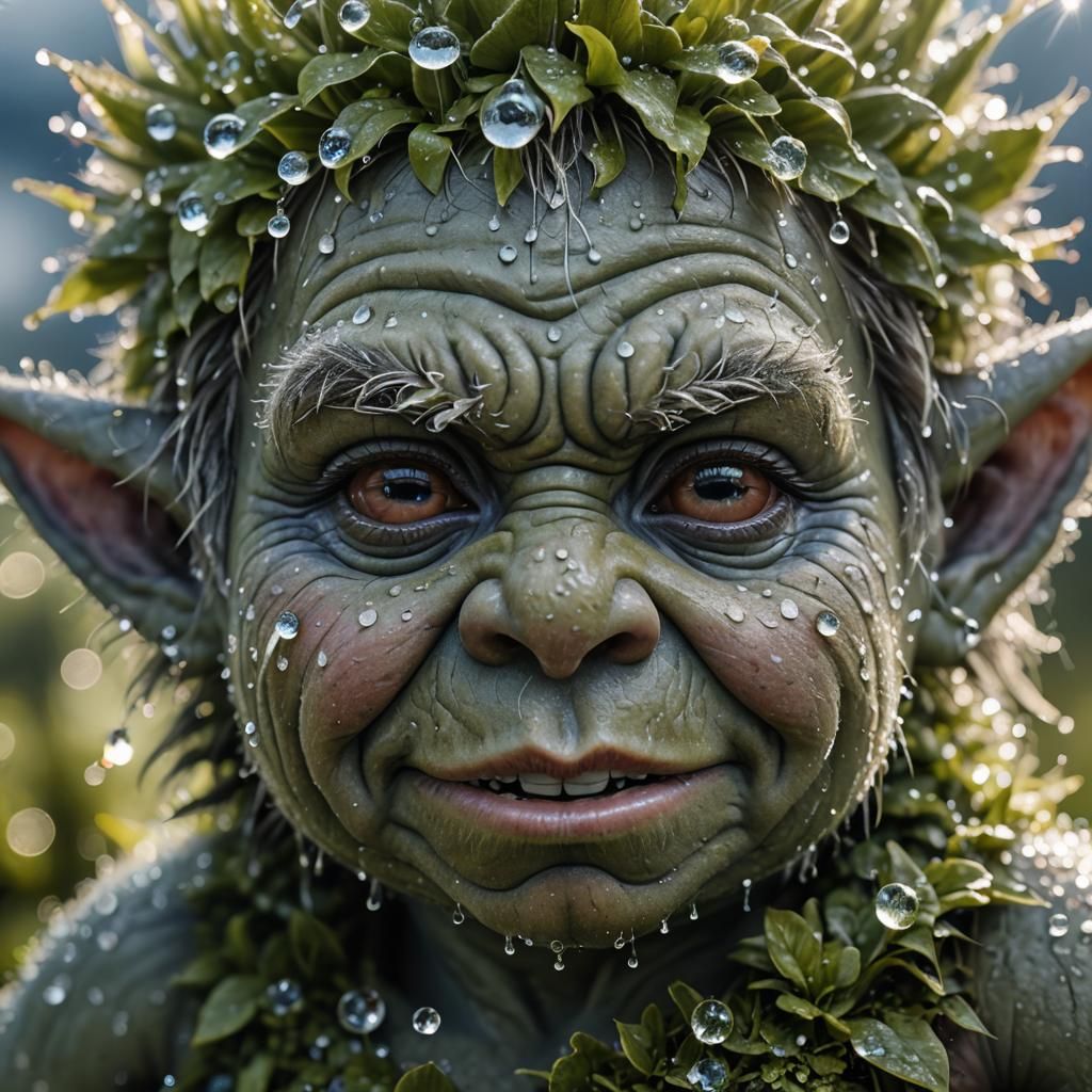 Dew-Kissed Baby Troll: Hyperrealistic Macro Shot