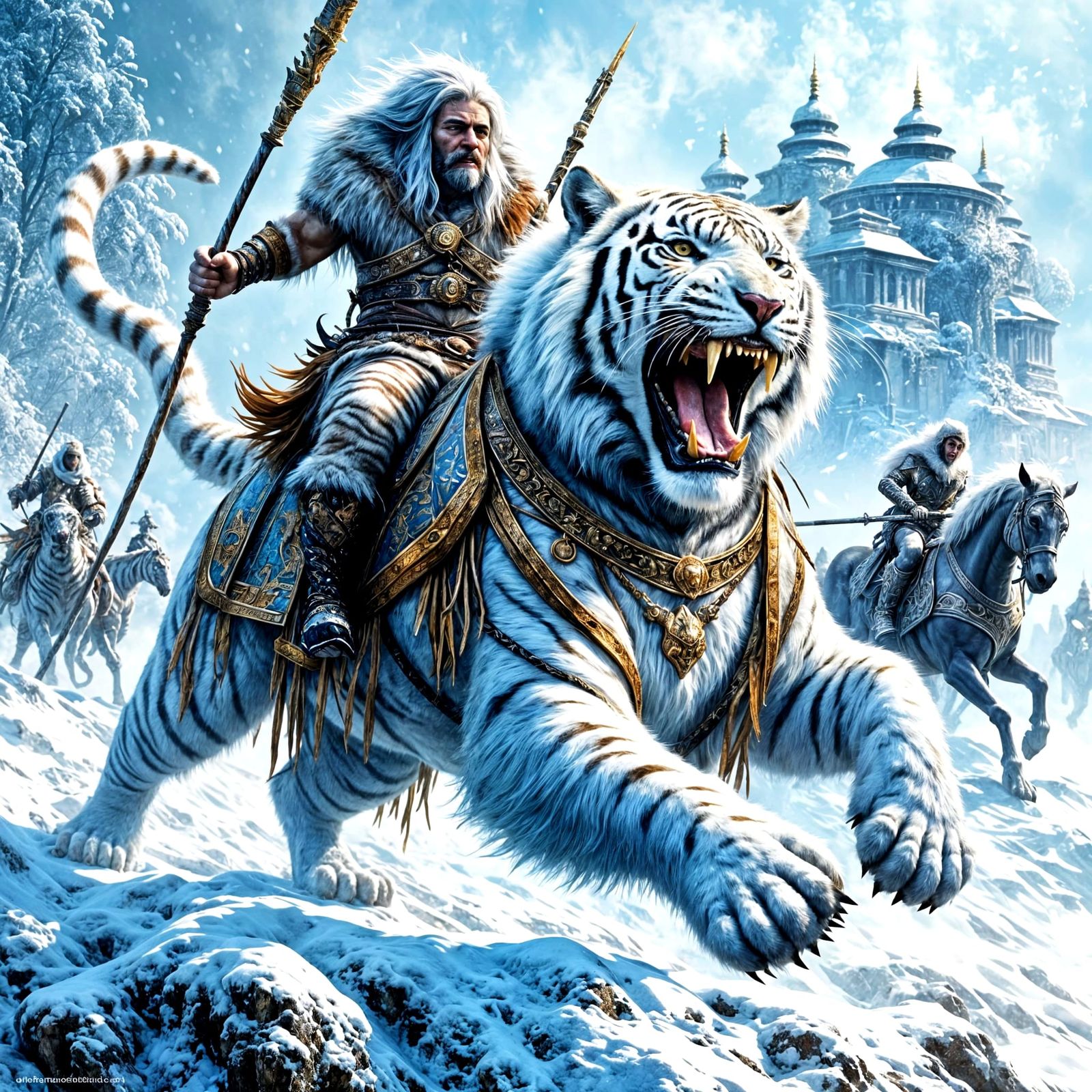Cyberpunk Saber-Toothed Tiger Battle Scene in Winter Storm
