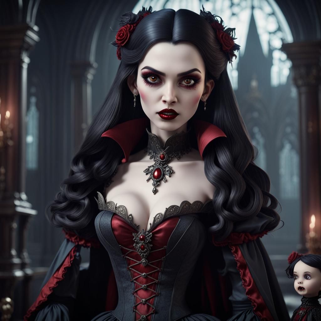 Gothic Vampire Lady with Animated Doll in 3D