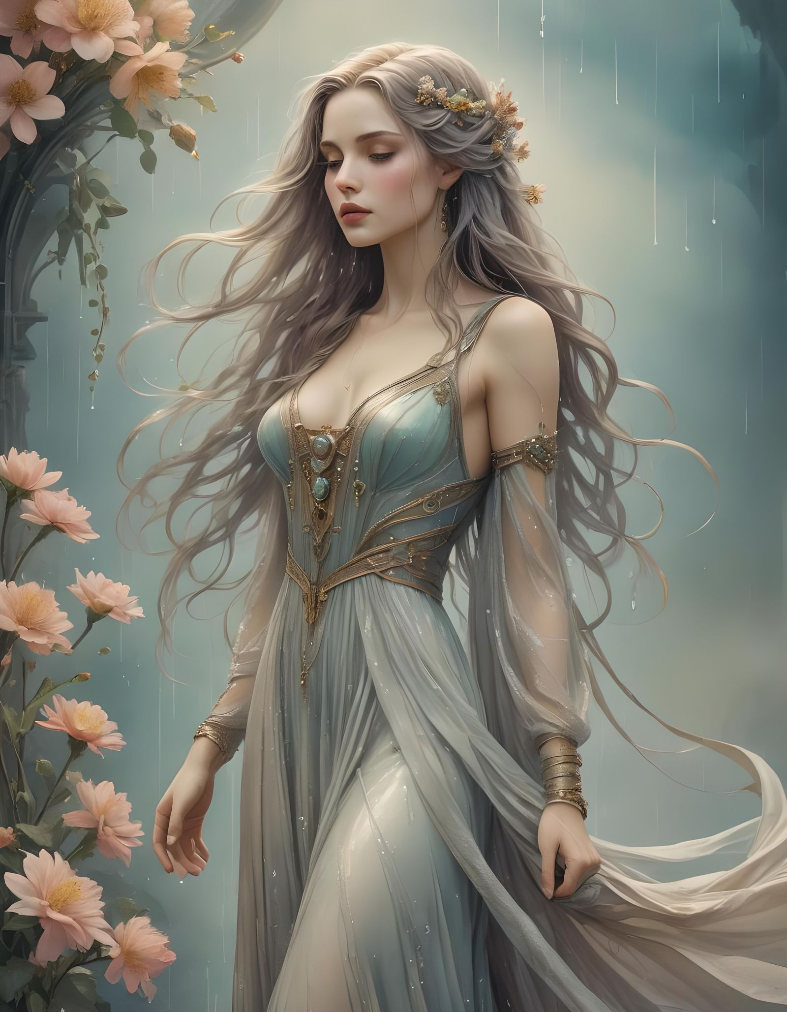 Aetherpunk Woman in Rain: Art Nouveau Poster