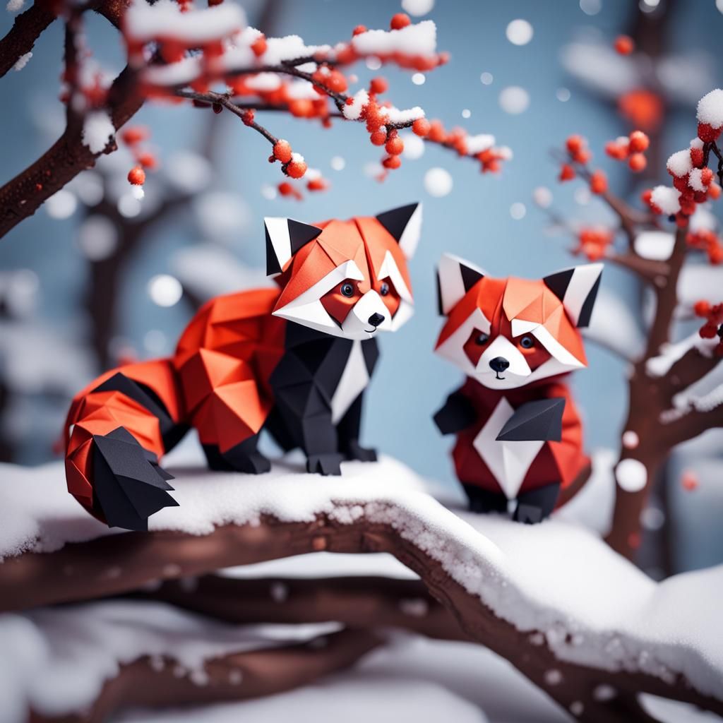 Red Panda in Snowy Forest: Origami Papercraft