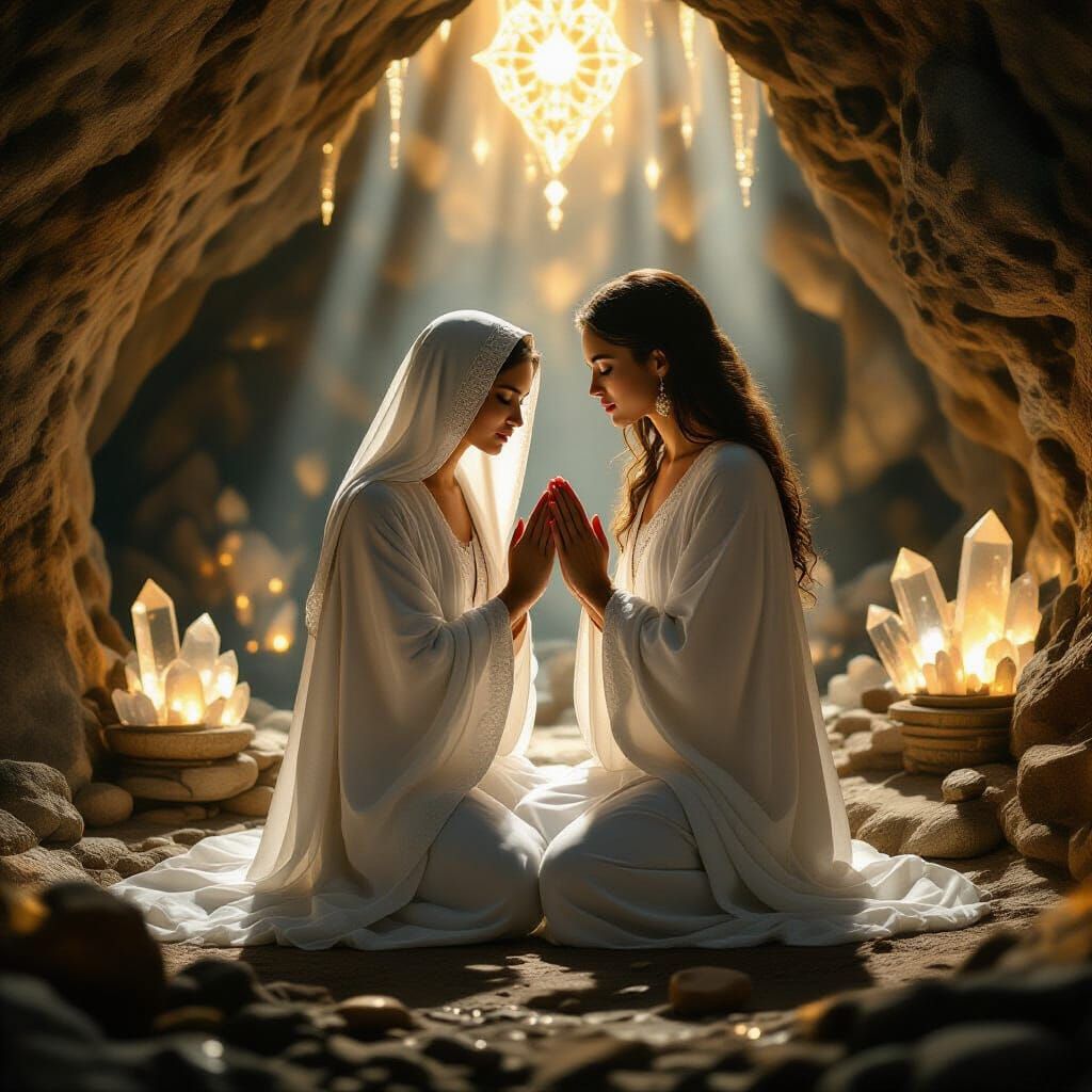 Ethereal Figure Praying in Grotto with Golden Light