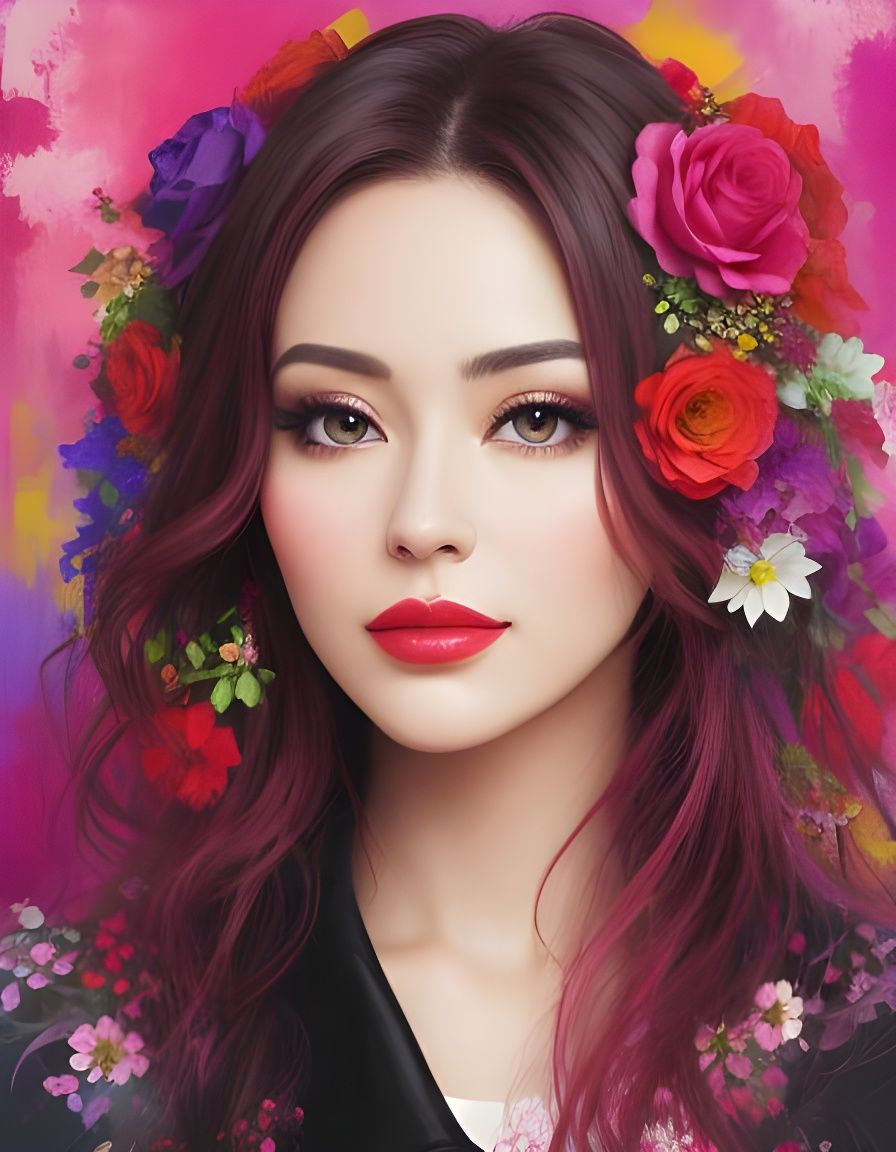 Vibrant Portrait of Girl with Hearts and Flowers