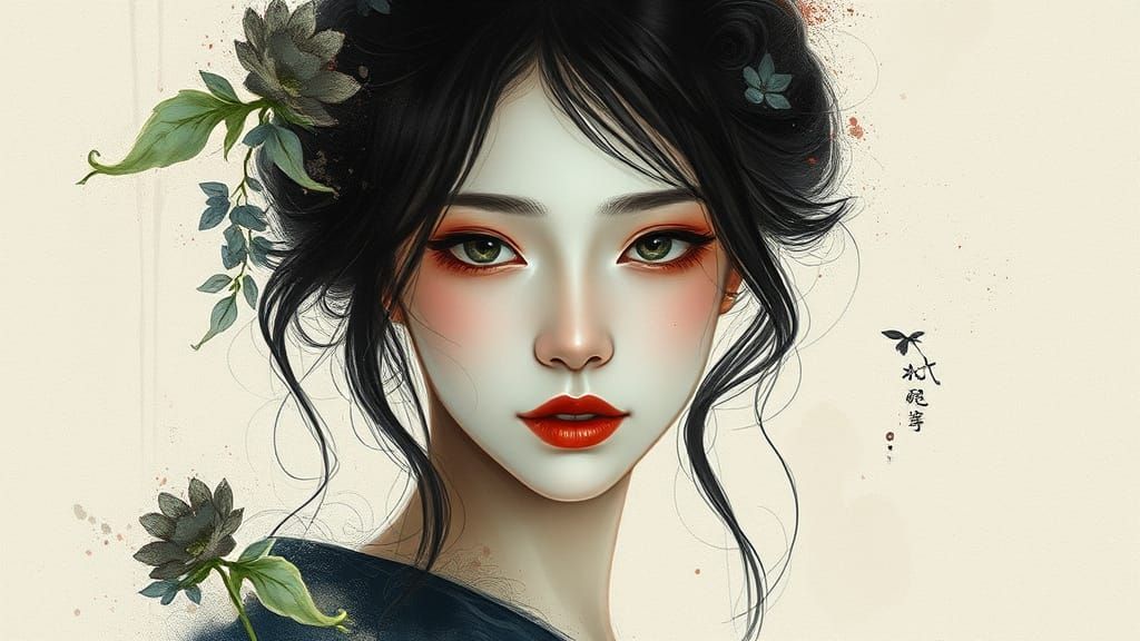 Dreamy Abstract Portrait of Japanese Woman in Digital Art