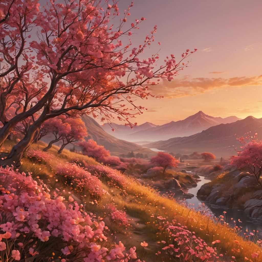 Dreamy Dawn Landscape with Golden Flowers