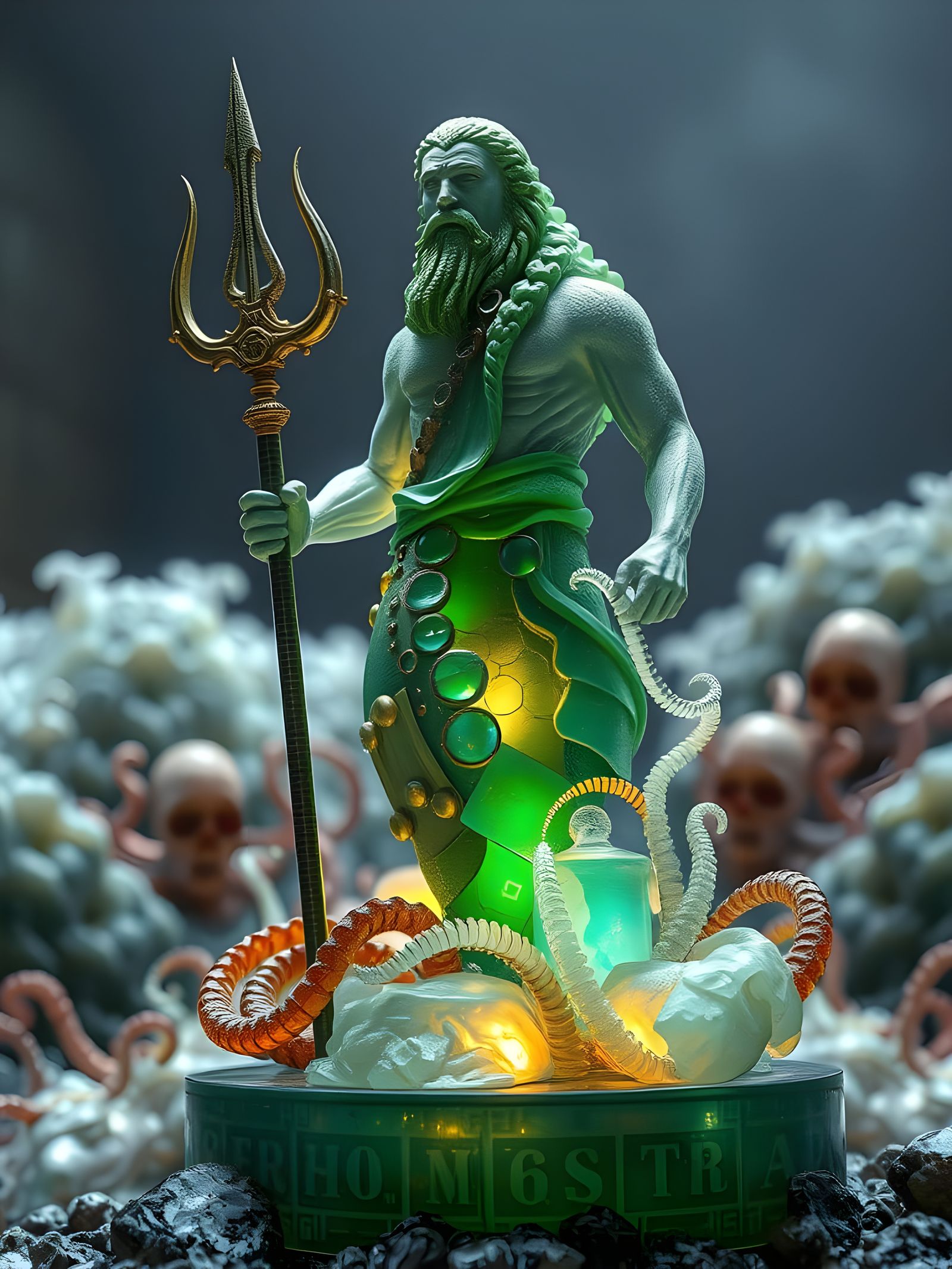 Steampunk Poseidon Sea Glass Sculpture in Stormy Ocean