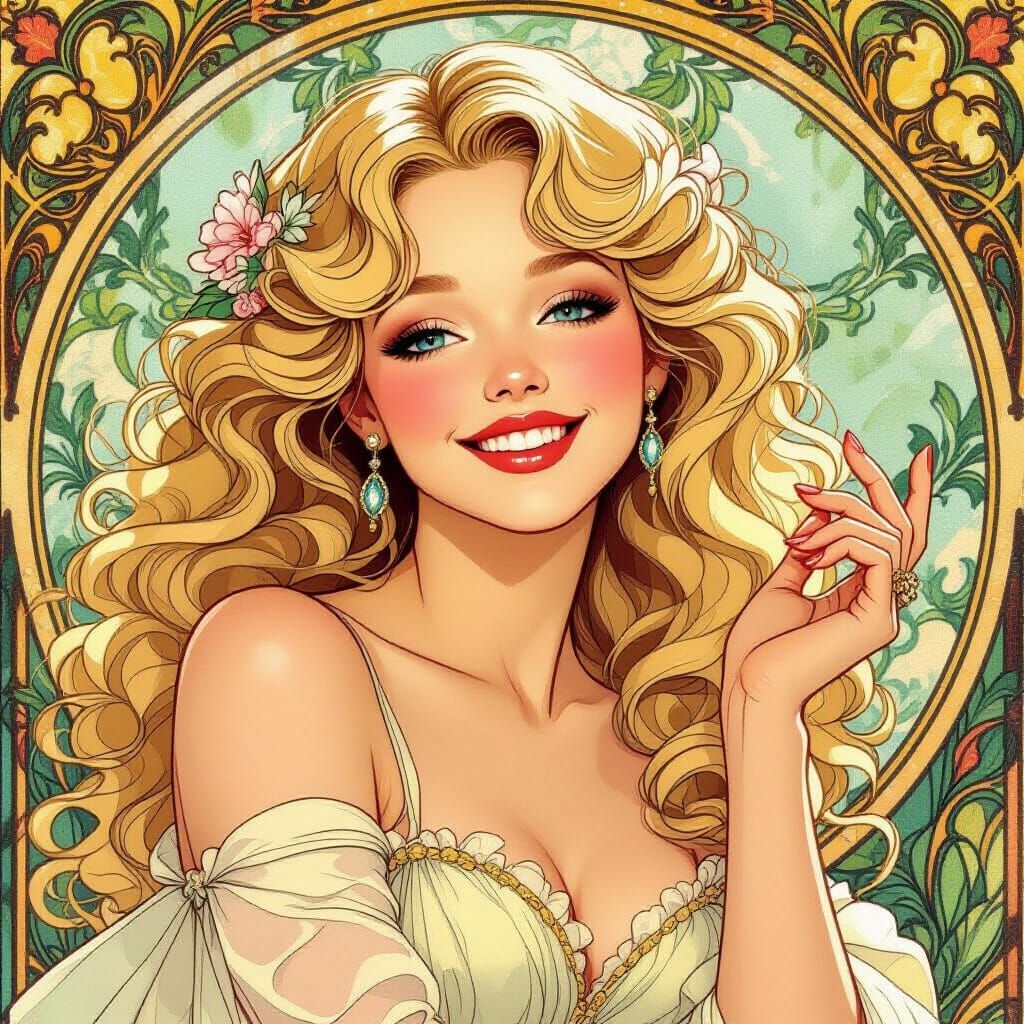 Elegant Blonde Model in Art Nouveau Style Illustration