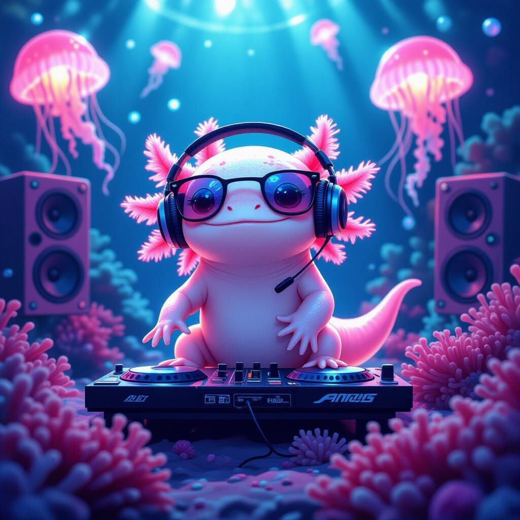 Bioluminescent Axolotl DJ in Underwater Rave
