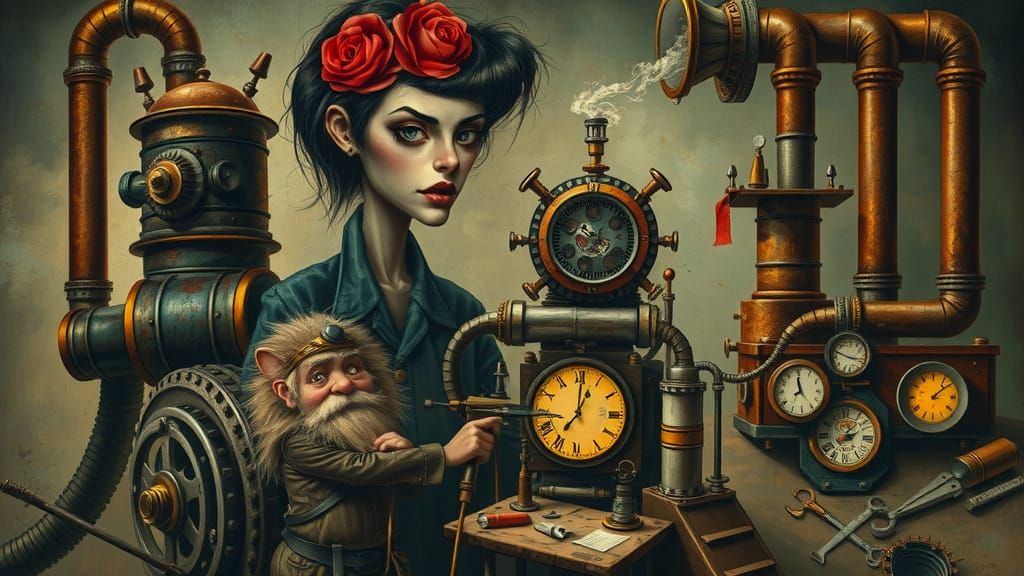 Surreal Industrial Woman Rising from Engine