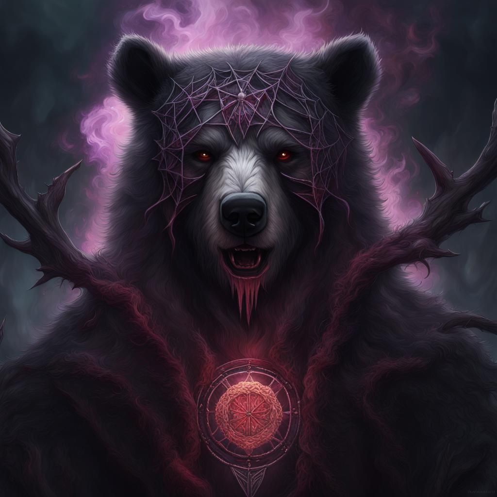 Cursed Bear Portrait with Slavic Runes in Surrealist Art