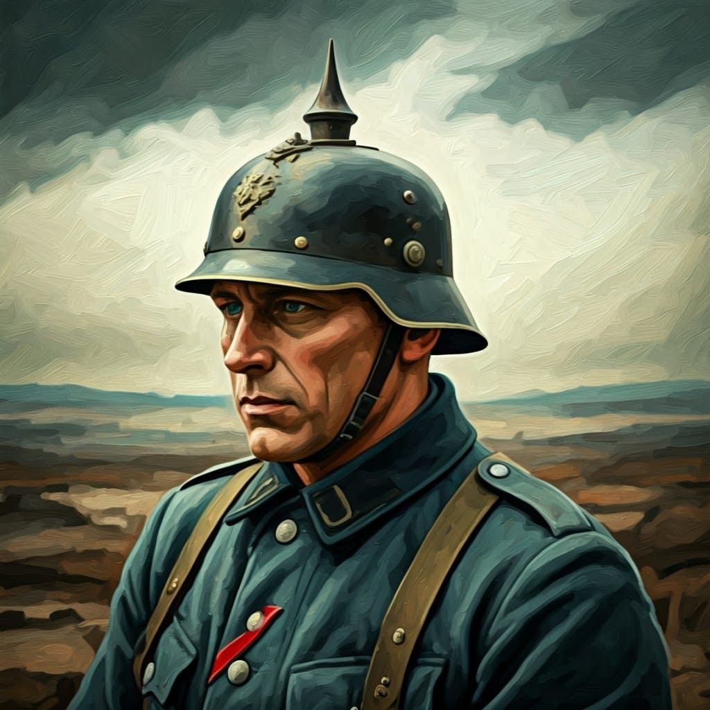 German Infantryman in Pickelhaub Helmet Amidst War-Torn Land...