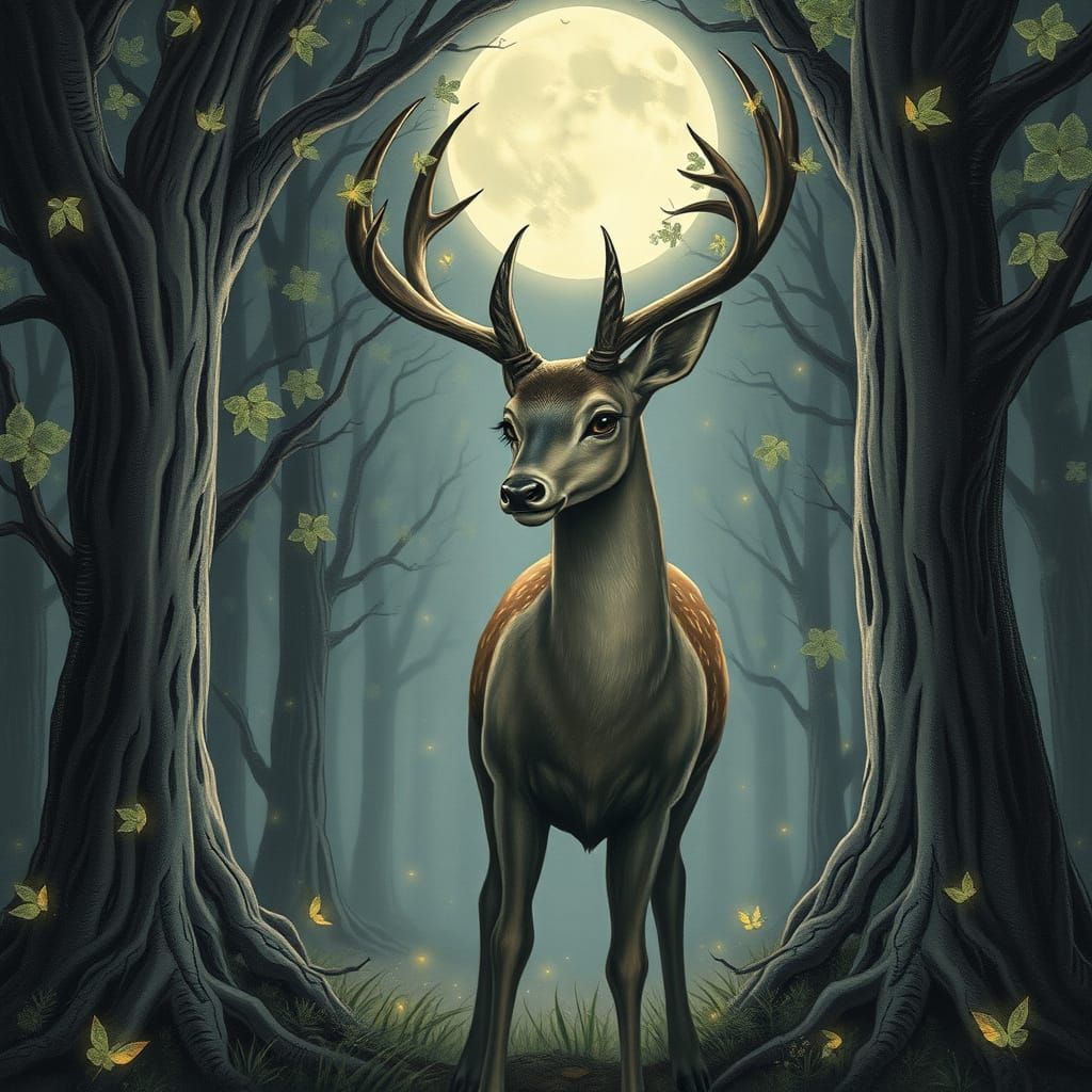 Moonlit Deer in Enchanted Forest: Charcoal Art