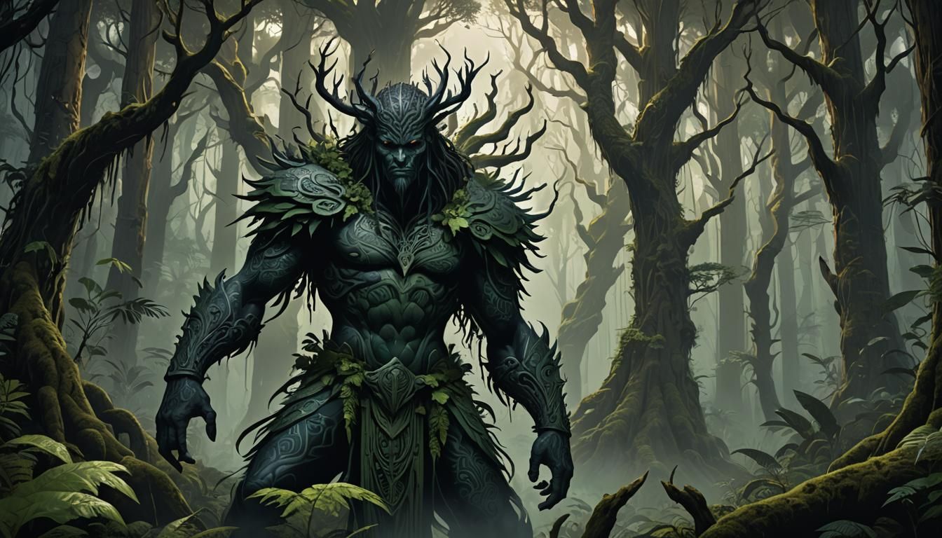 Whiro in Shadowy Forest: Detailed Matte Painting