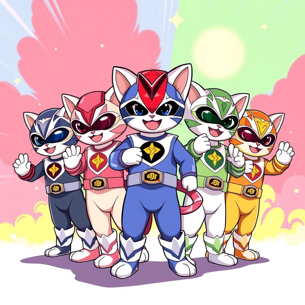 Adorable Kitten Super Sentai Team in Anime Style