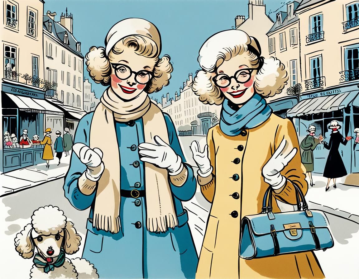 Vintage Fashionistas Laughing in Montmartre, Bemelmans Style