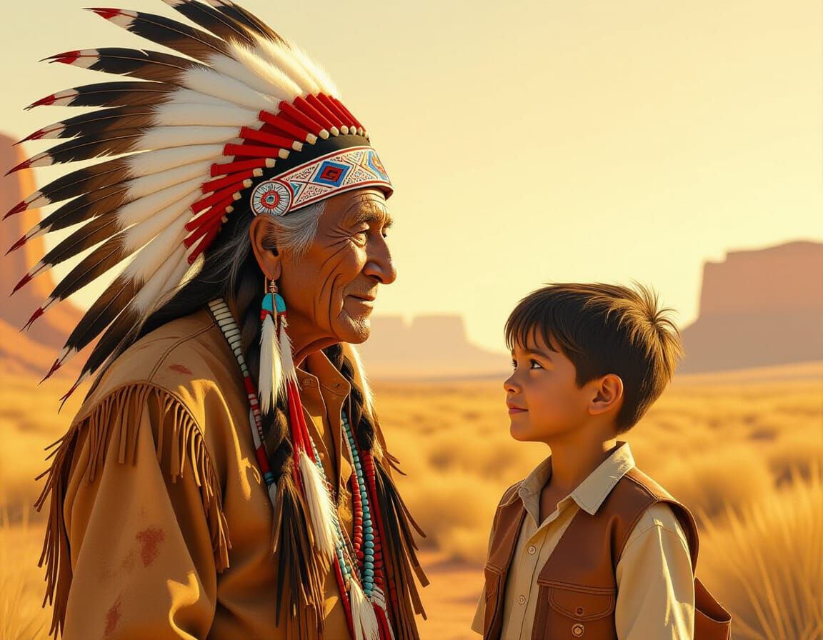 Native American Man and Boy in Golden Desert Light
