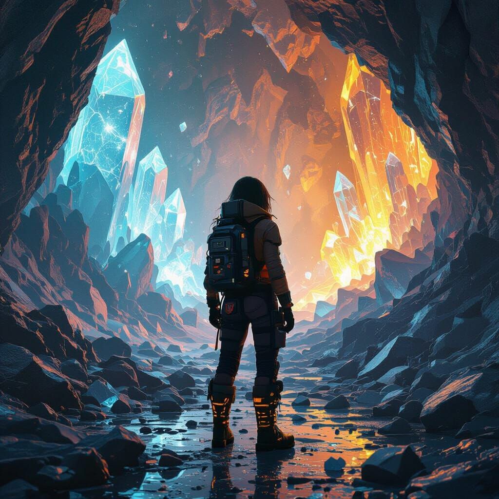 Crystal Miner in Shattered Cavern Landscape