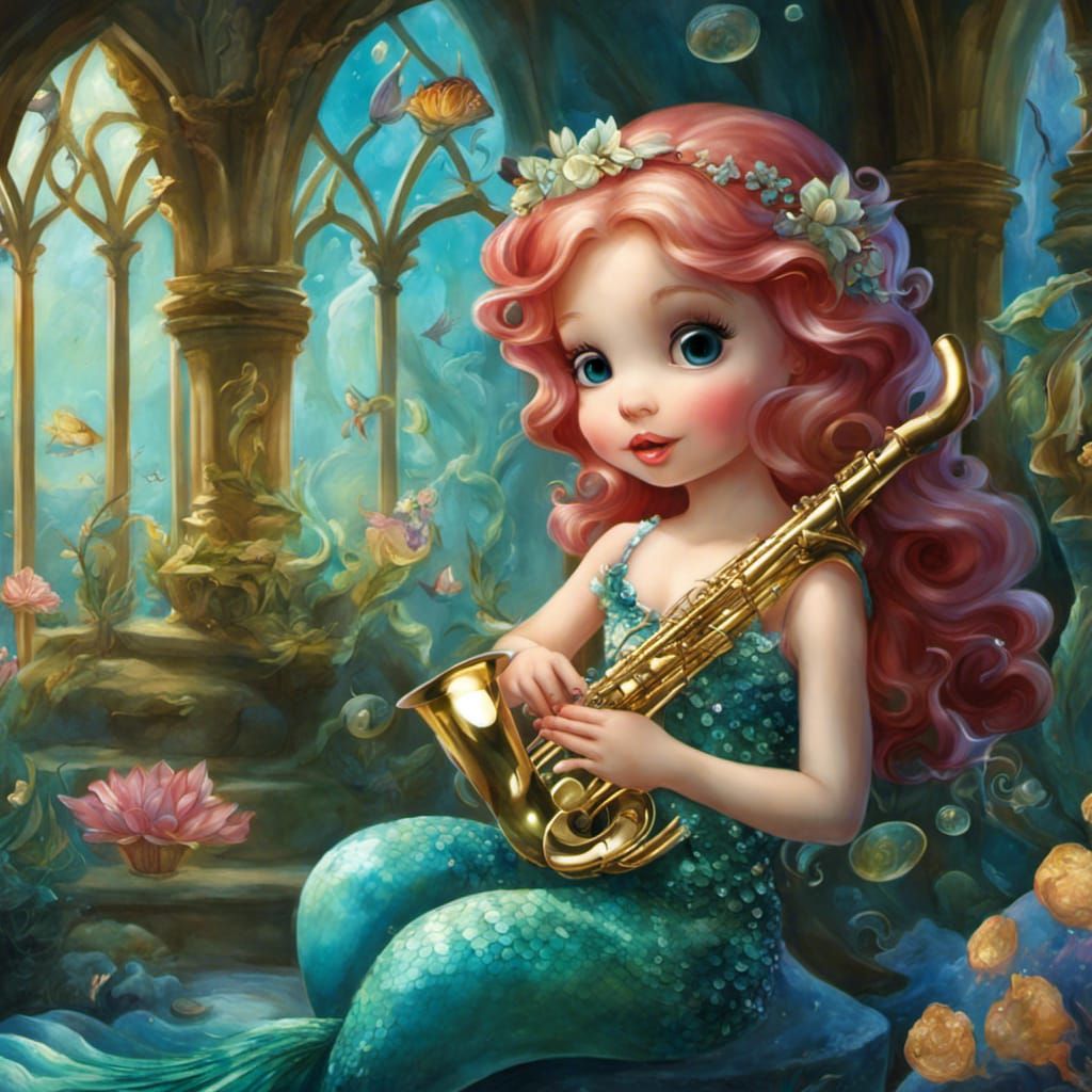 Mermaid Princess Plays Saxophone in Underwater Castle