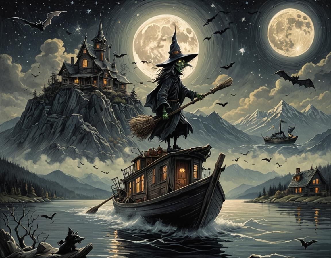 Witch Flying on Broom in Sinister Night Sky