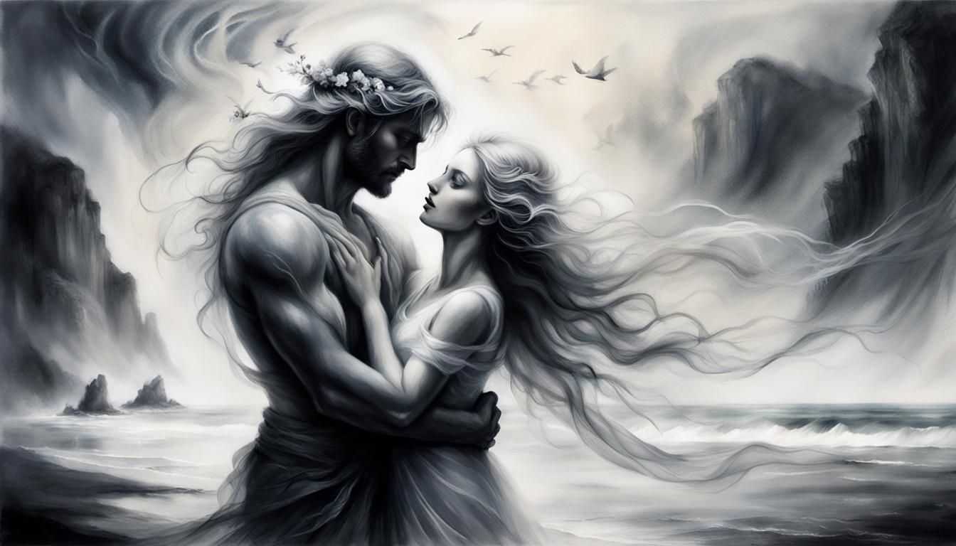 Aphrodite and Ares Embrace: Charcoal Drawing by Gammell