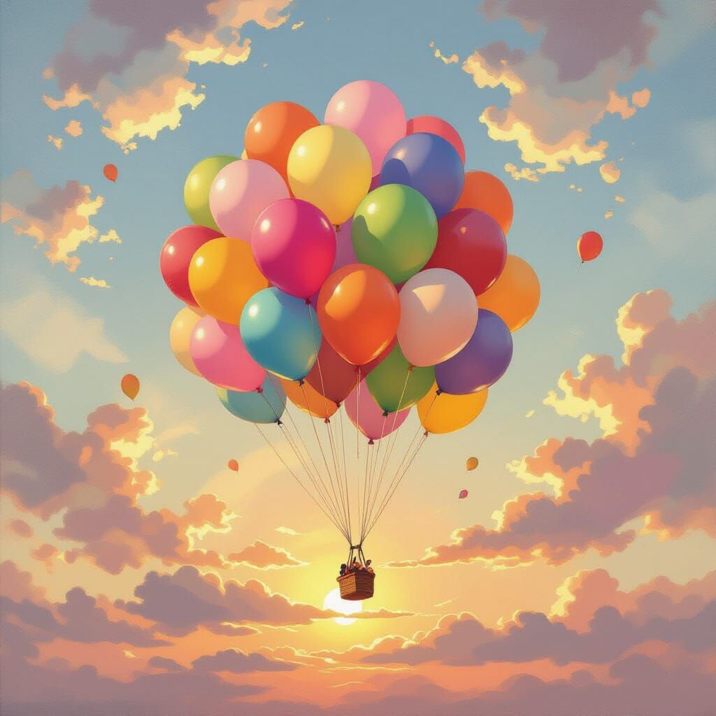 Vast Sky Filled With Colorful Balloons in Impressionistic St...