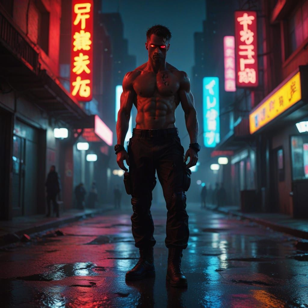 Cyberpunk Warrior in Neon Noir Cityscape