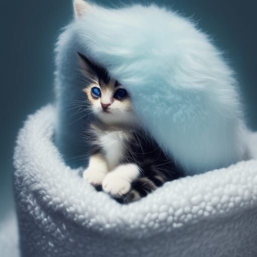 Cute Kitten in Cosy Cradle: Hyperrealistic Fantasy