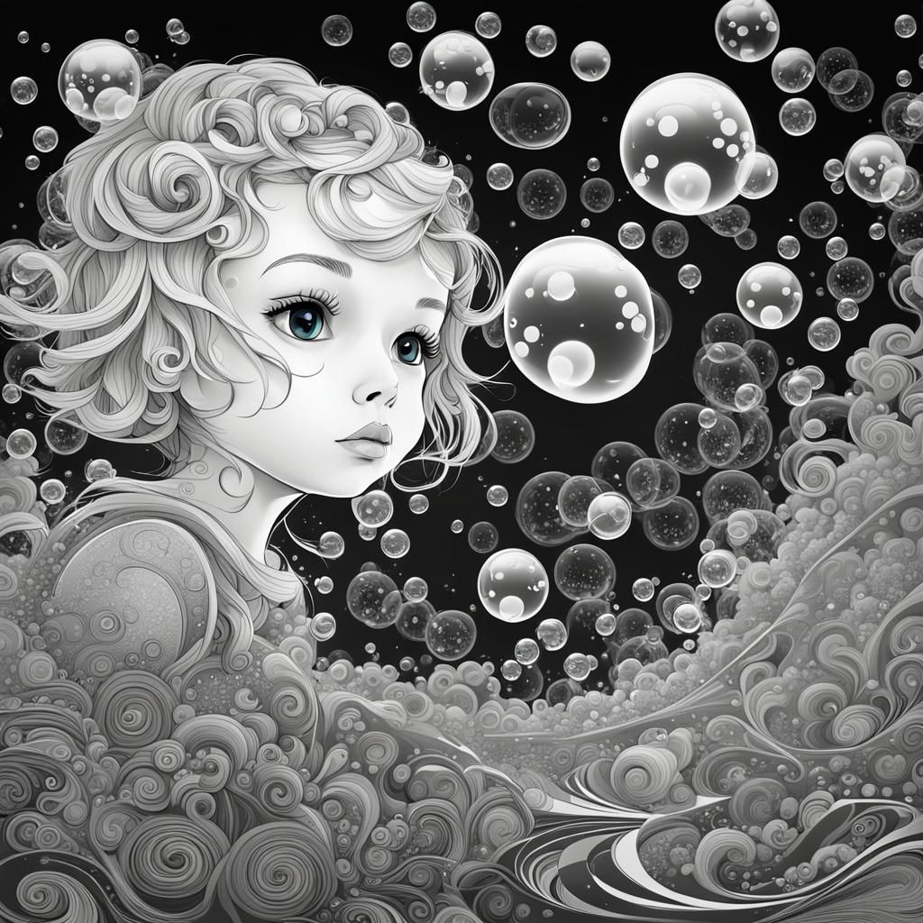 Girl Blowing Neon Bubbles in Black and White Digital Art