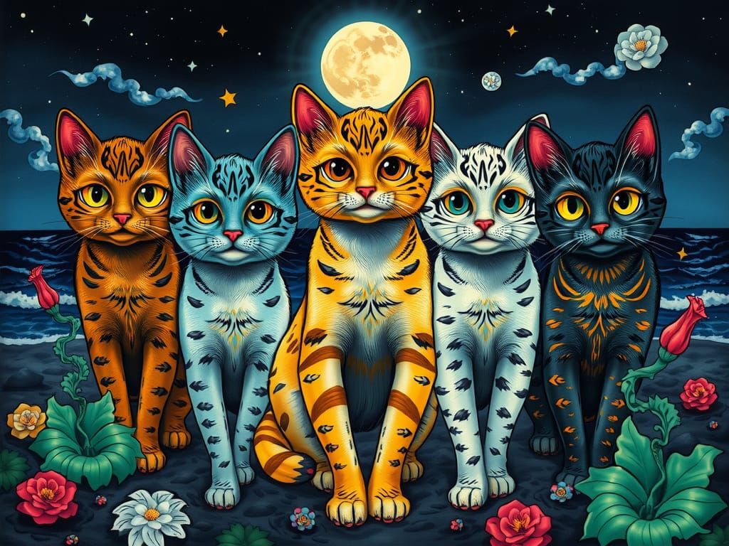 Psychedelic Cats on Ocean Shore, Junji Ito Style