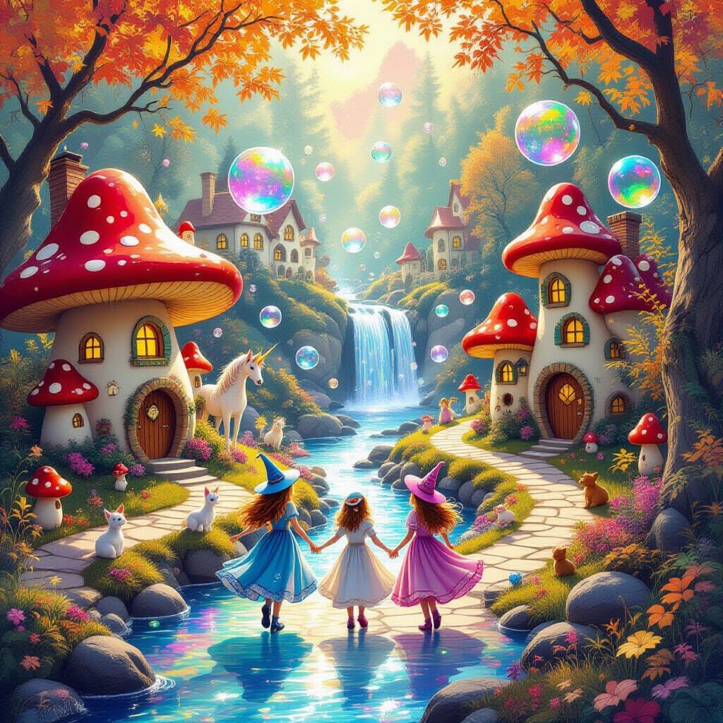 Enchanted Autumn Village with Magical Creatures and Witches