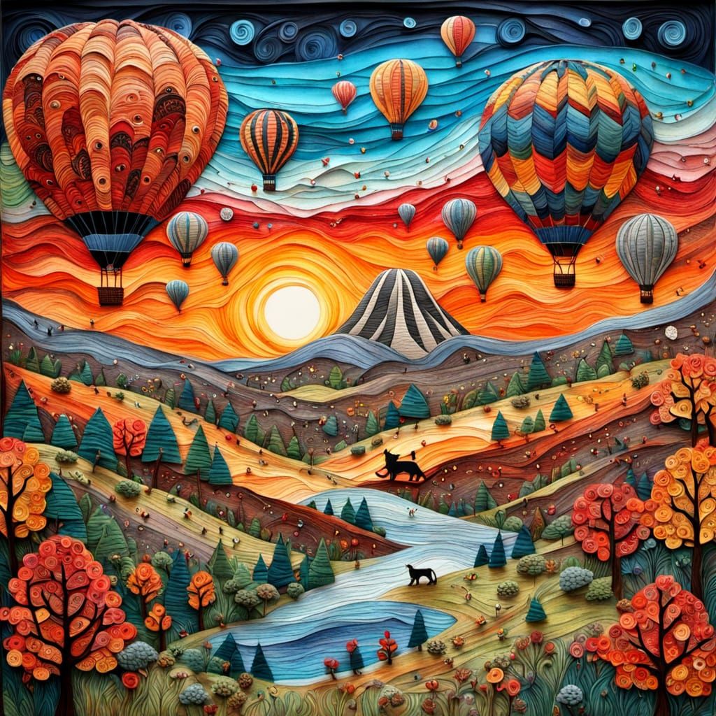 mixed media art ,hot air balloon , woodland creature