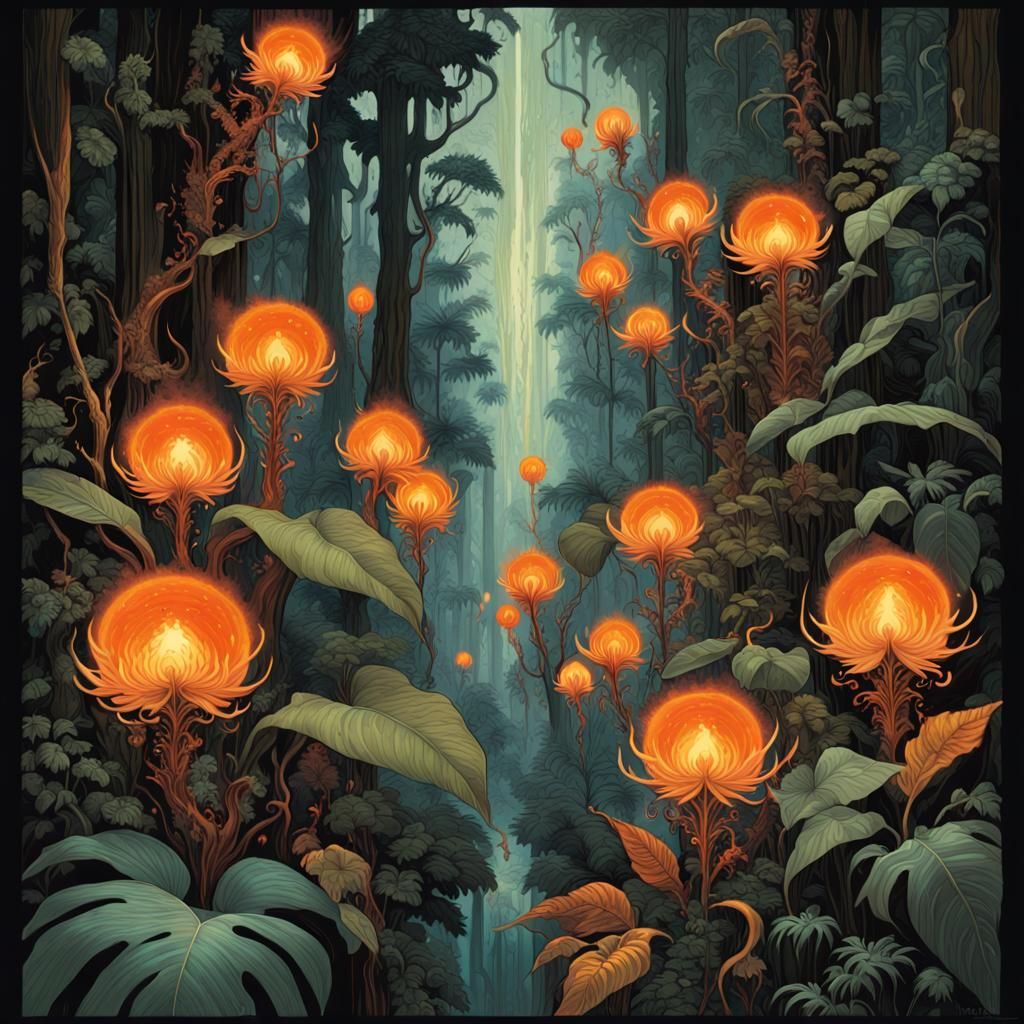 Surreal Exoplanet Rainforest with Bioluminescent Magical Pla...