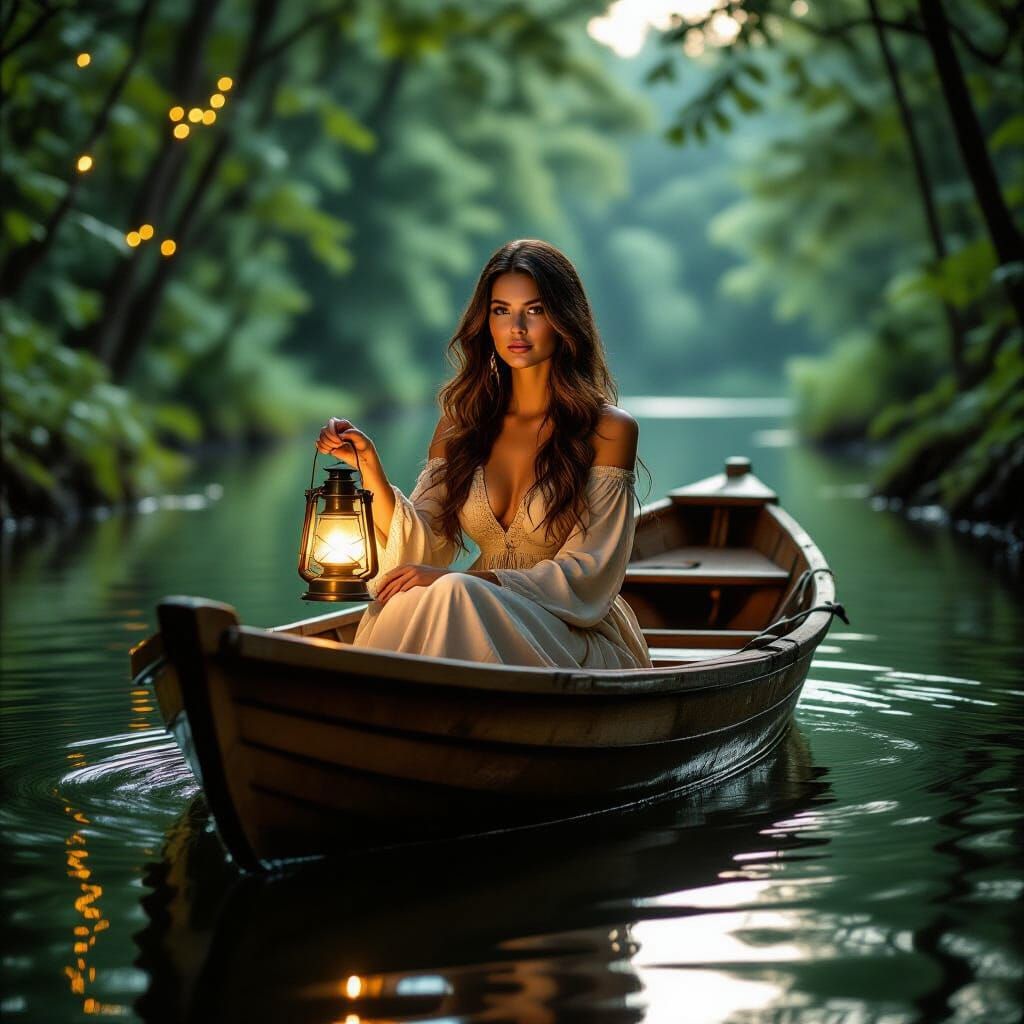 Woman in Boat on Lake in Fairy Tale Style