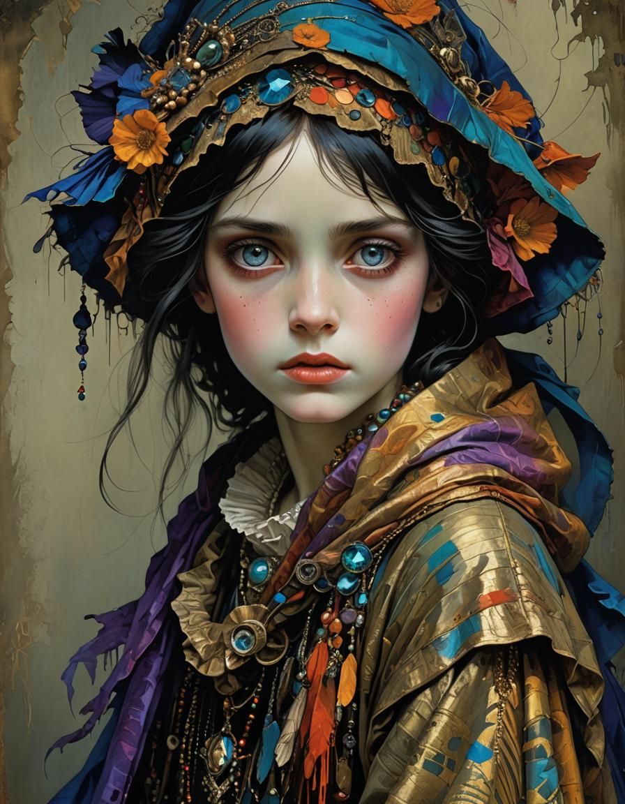 Fantasy Girl in Rags: Harry Clarke Style Digital Art