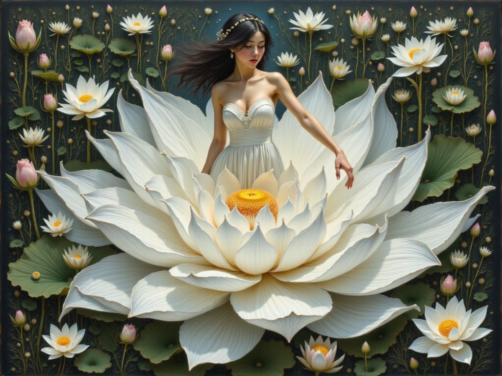 Woman in Flowing Lotus Dress, French Rococo & Pre-Raphaelite...