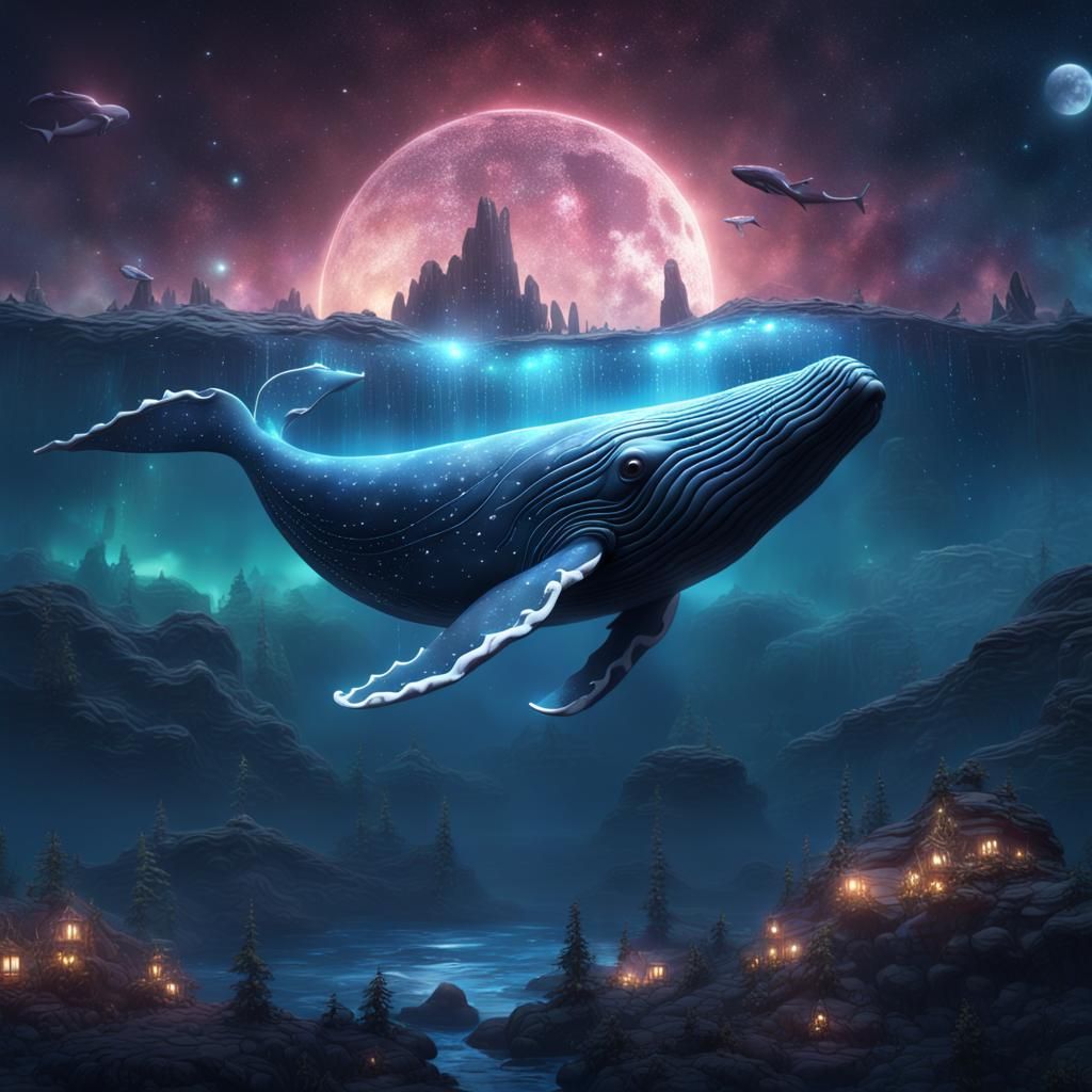Glittering Whale Soaring Through Night Sky