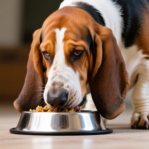 Close up of a Basset hound eating from a dog bowl
