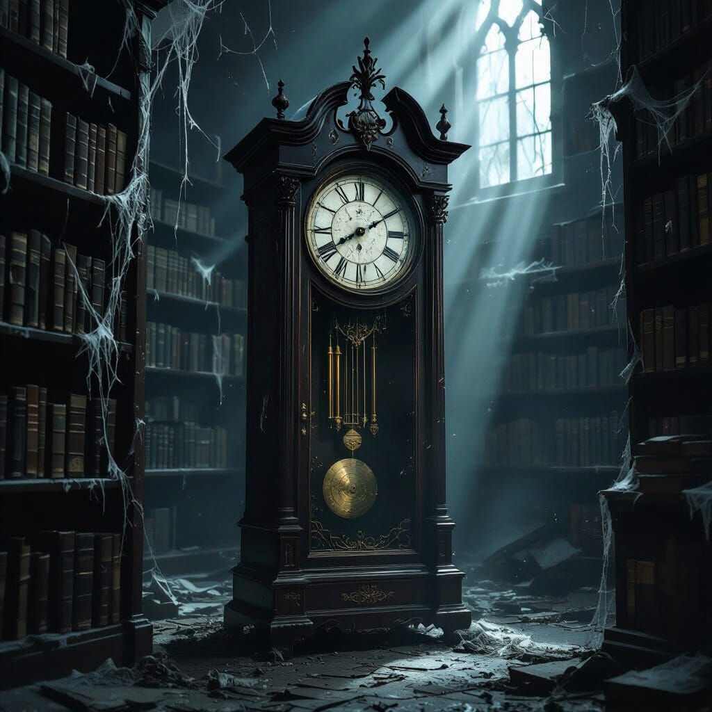 Ancient Grandfather Clock in Forgotten Library