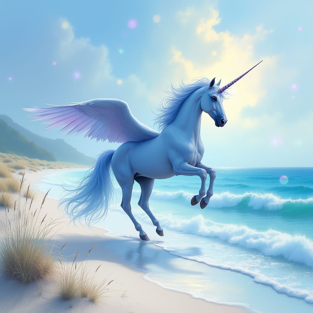 Whimsical Watercolour Unicorn Amidst Shimmering Dawn Bay