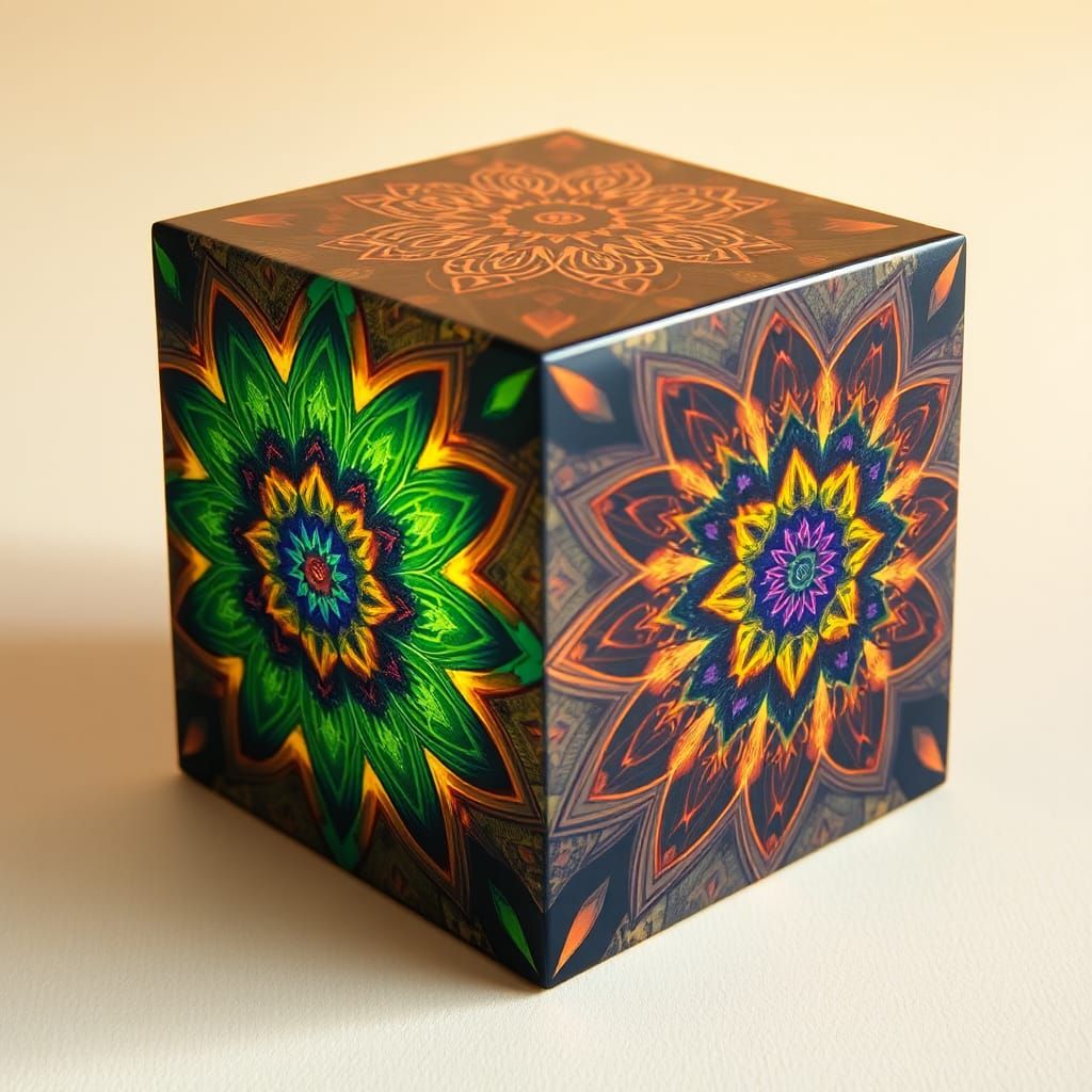 3D Cube Displaying Kaleidoscopic and Arabic Art