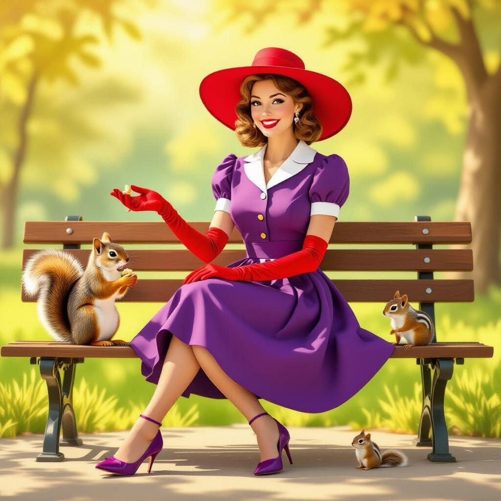 Elegant Woman with Squirrel in Pastel Garden