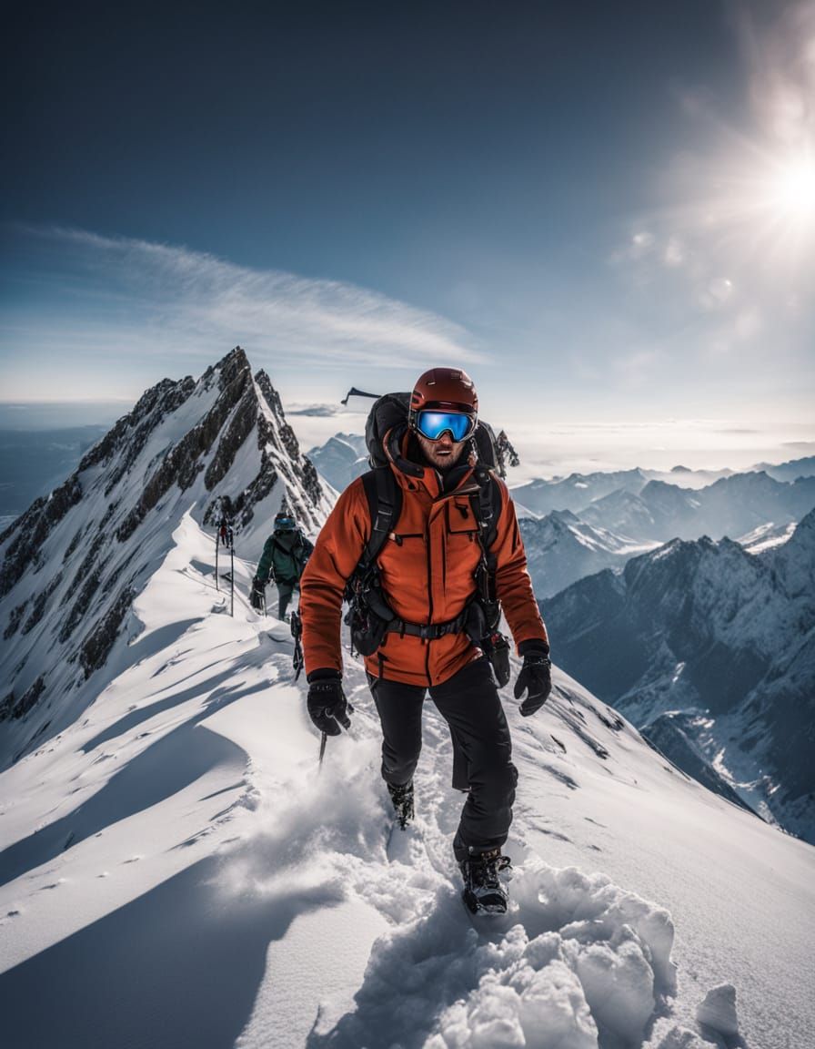 Mountaineer Selfie at Snowy Summit: Hyper-Realistic Photogra...