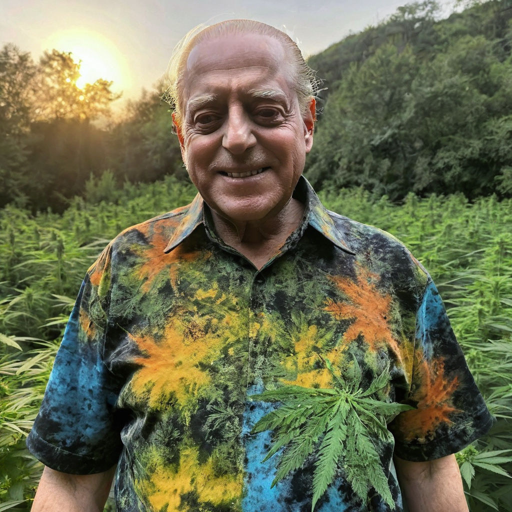 a hippie, wearing a tie dyed shirt, standing in a cannabis p...