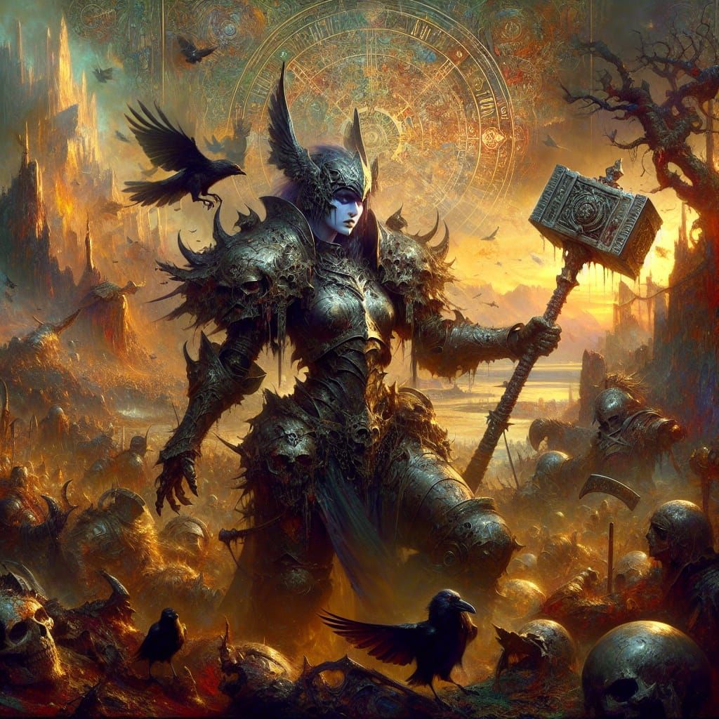 Baroque Valkyrie Emerges from Golden Sunset