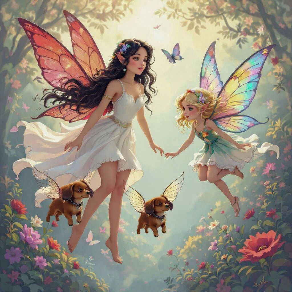 Fairies and Flying Dog Above Enchanted Forest