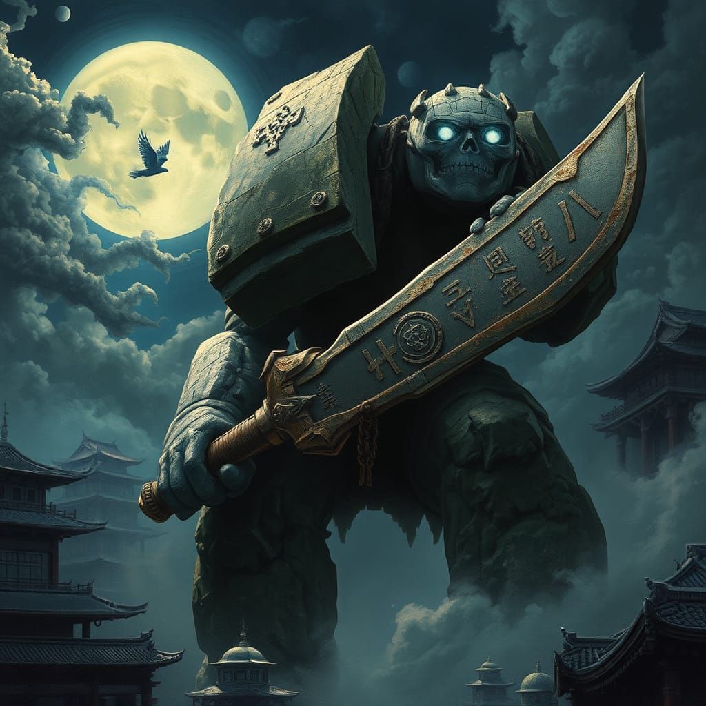 Stone Golem with Sword in Dreamlike Cityscape