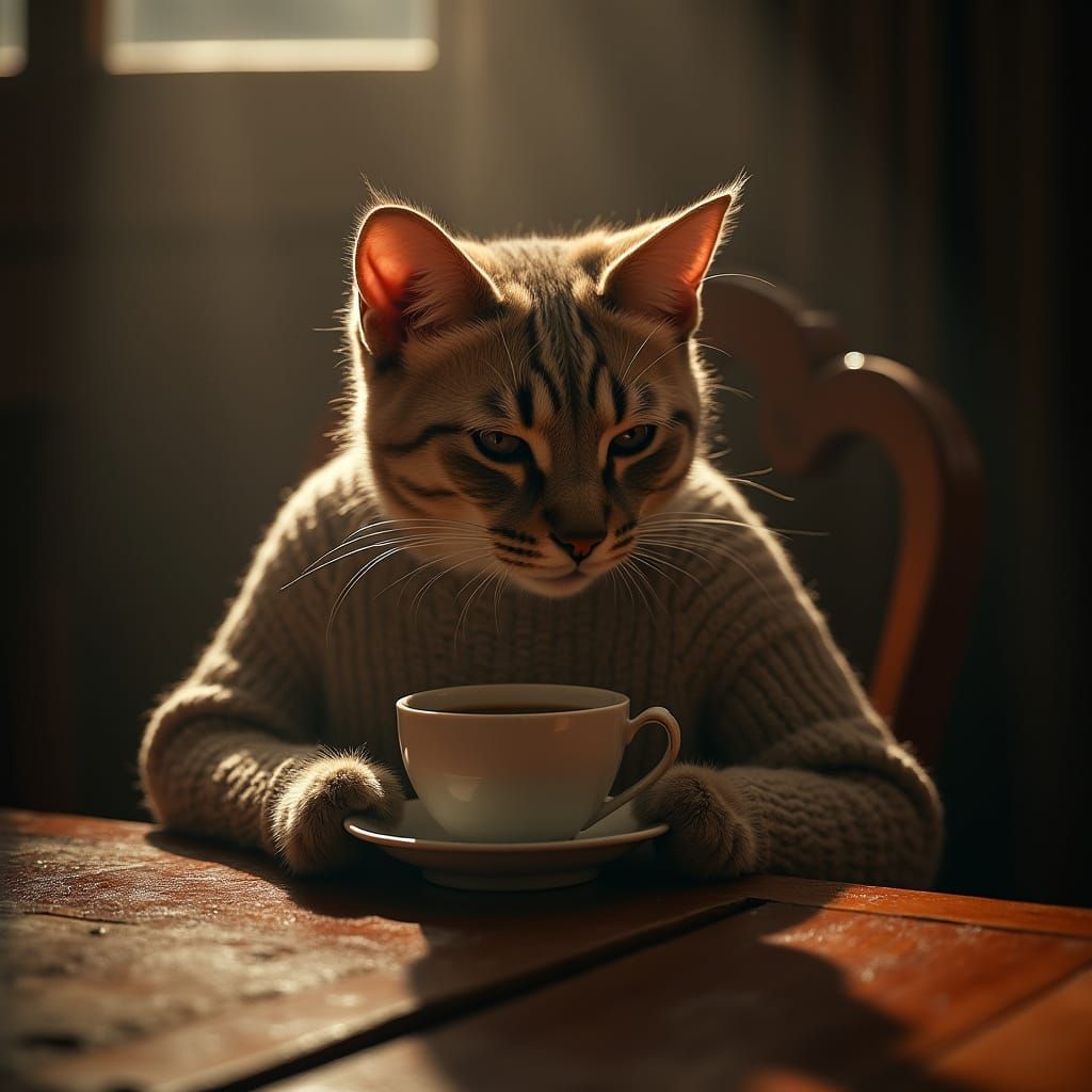 Refined Feline Sips Coffee in Warm, Golden Light