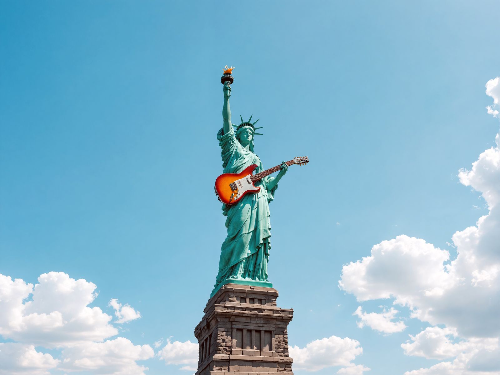 Statue of Liberty Rocks Electric Guitar in Vibrant Cityscape