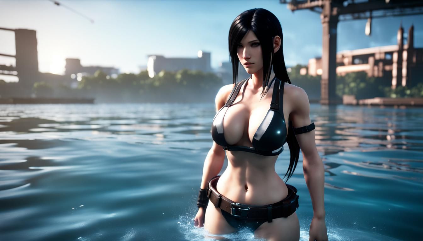 Tifa of final fantasy 7 in a skimpy suit going for a swim