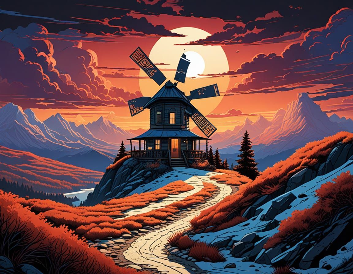 Retro Comic Cabin in Sunset Glory